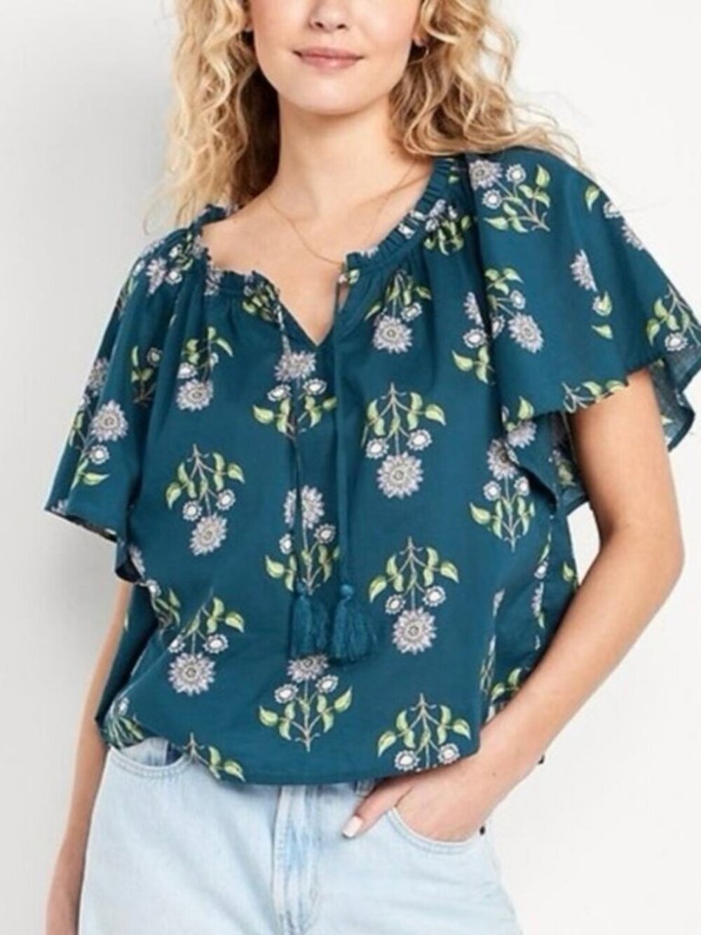 NWT Old Navy - Navy Blue Print Flutter-Sleeve Tassel-Tie Top Size XL